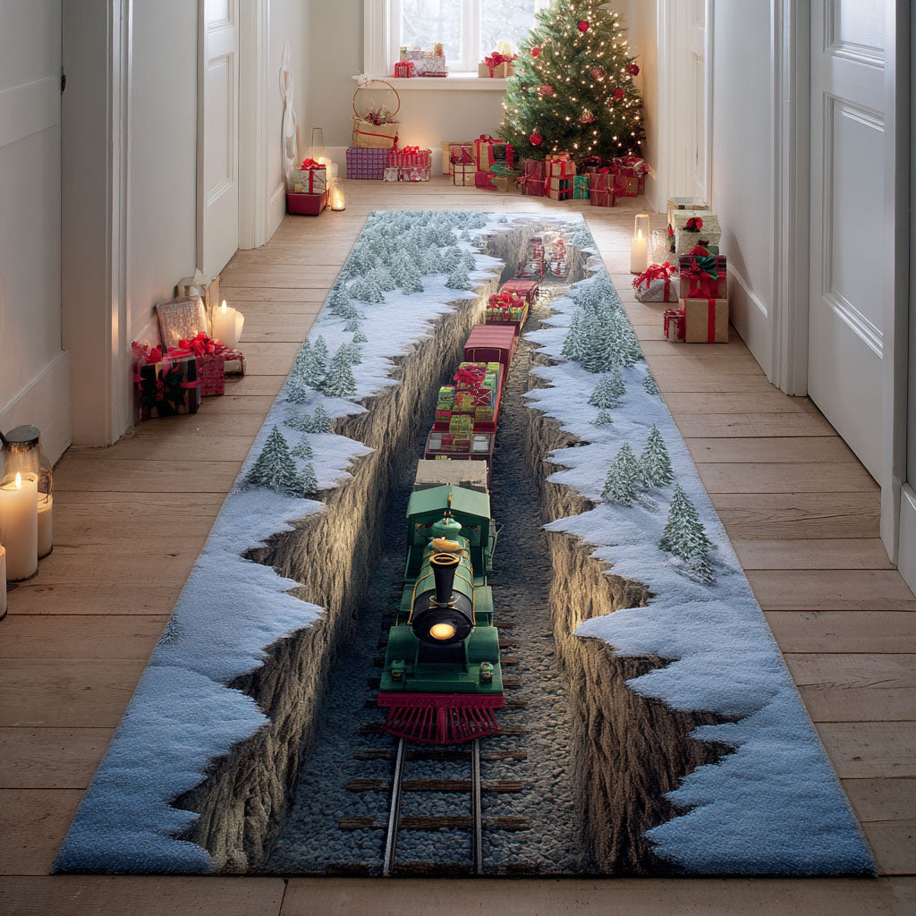 Snowy Rail Trail hallway runner – train in a snowy cutting