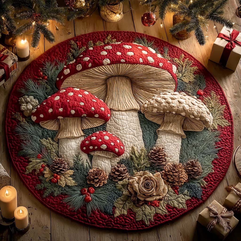 Christmas Mushroom round quilted mat – toadstools and pine cones