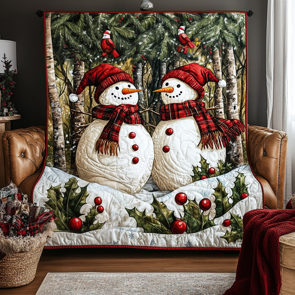 Snowman Pair quilted throw – two snowmen in red hats among pines