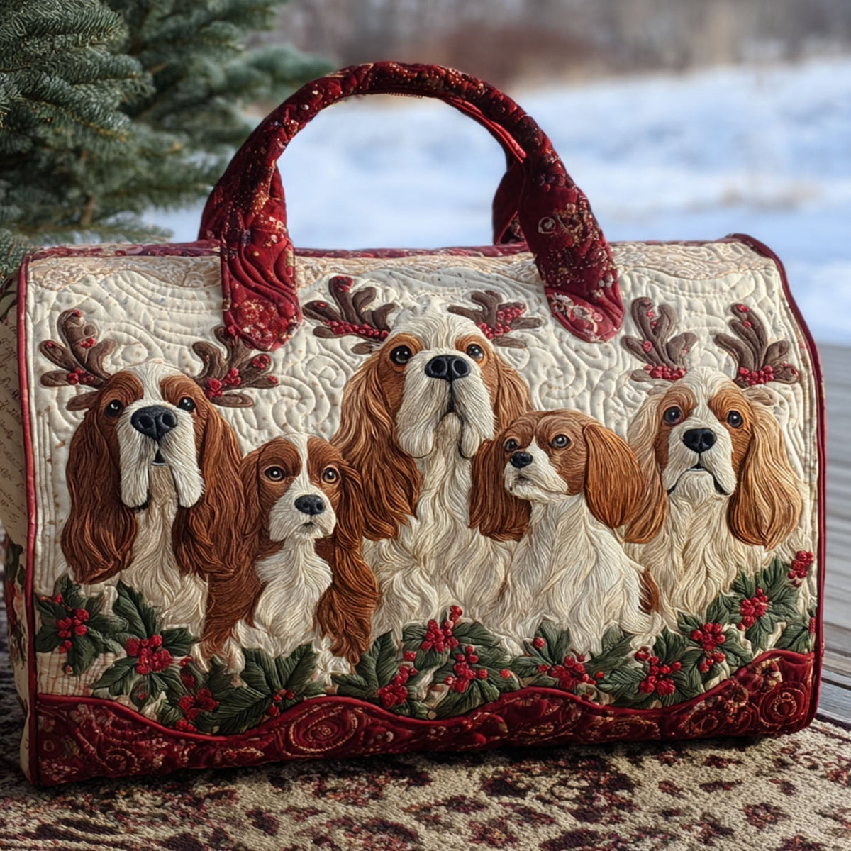 Christmas Spaniels quilted weekend bag – spaniels with holly