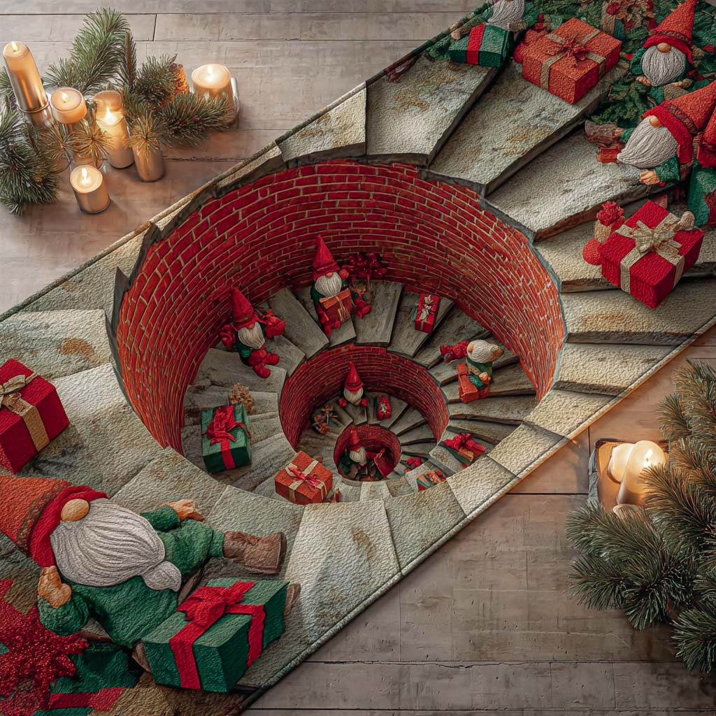 Spiral Christmas Pit hallway runner – gnomes round a brick well