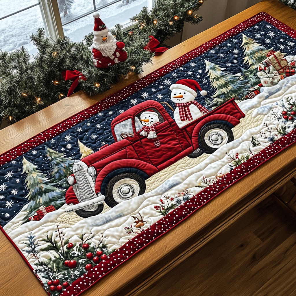 Snowman Tree Delivery quilted table runner – snowman in a red truck