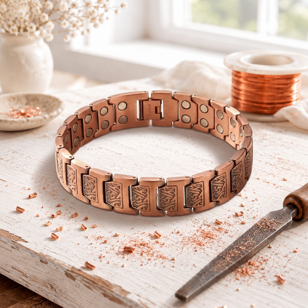 Men's magnetic copper link bracelet with engraved panels