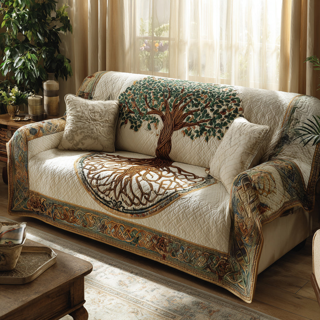 Circle of Life quilted sofa cover with a green leafy tree above and its roots circling below on warm cream with tapestry borders