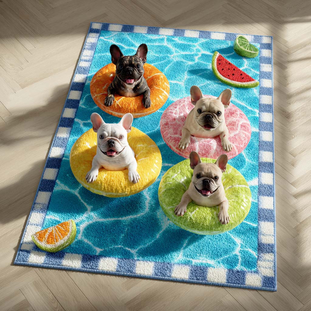 Citrus Frenchies rug – frenchies in a pool