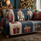 Nutcracker Soldiers quilted sofa cover – nutcrackers above wrapped gifts