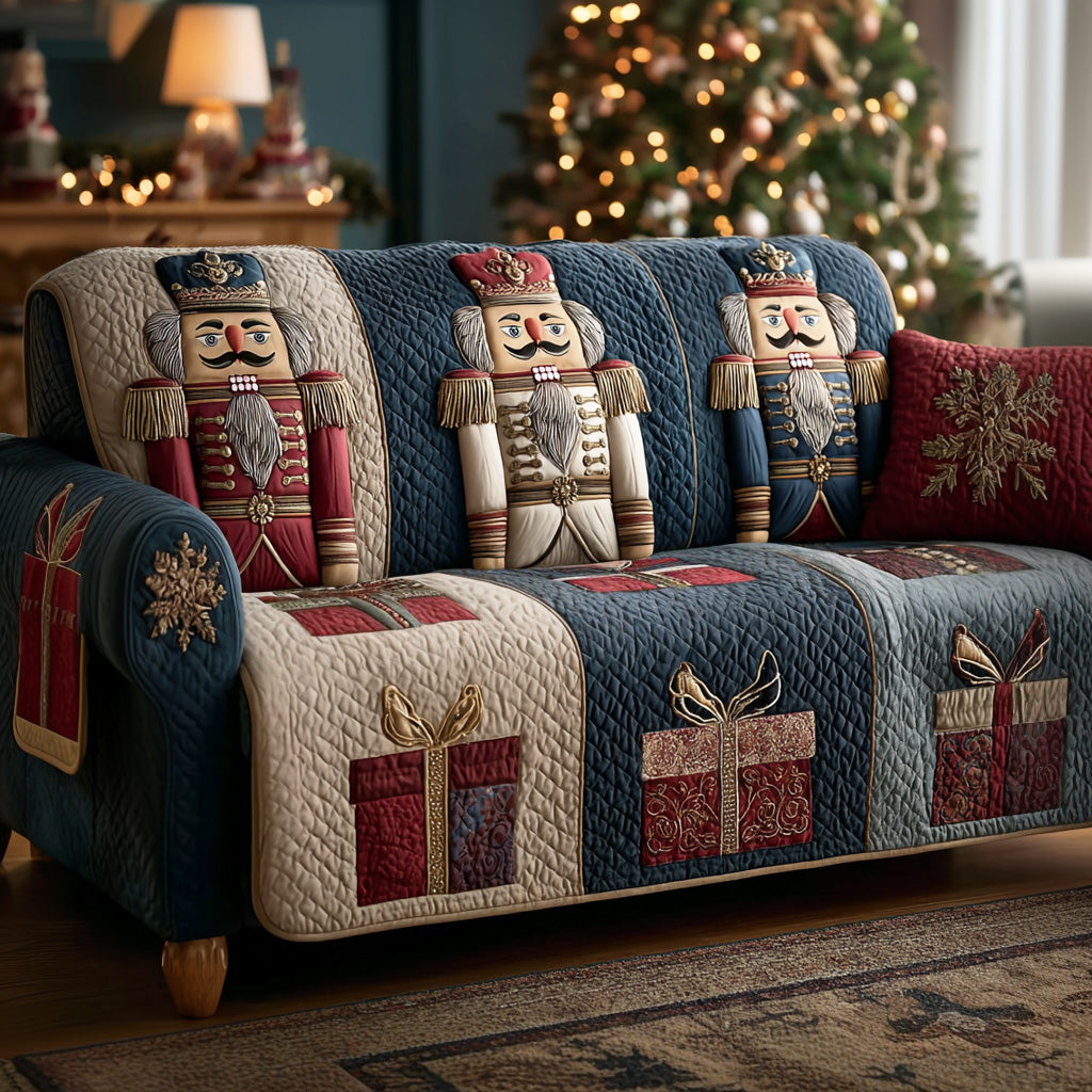 Nutcracker Soldiers quilted sofa cover – nutcrackers above wrapped gifts