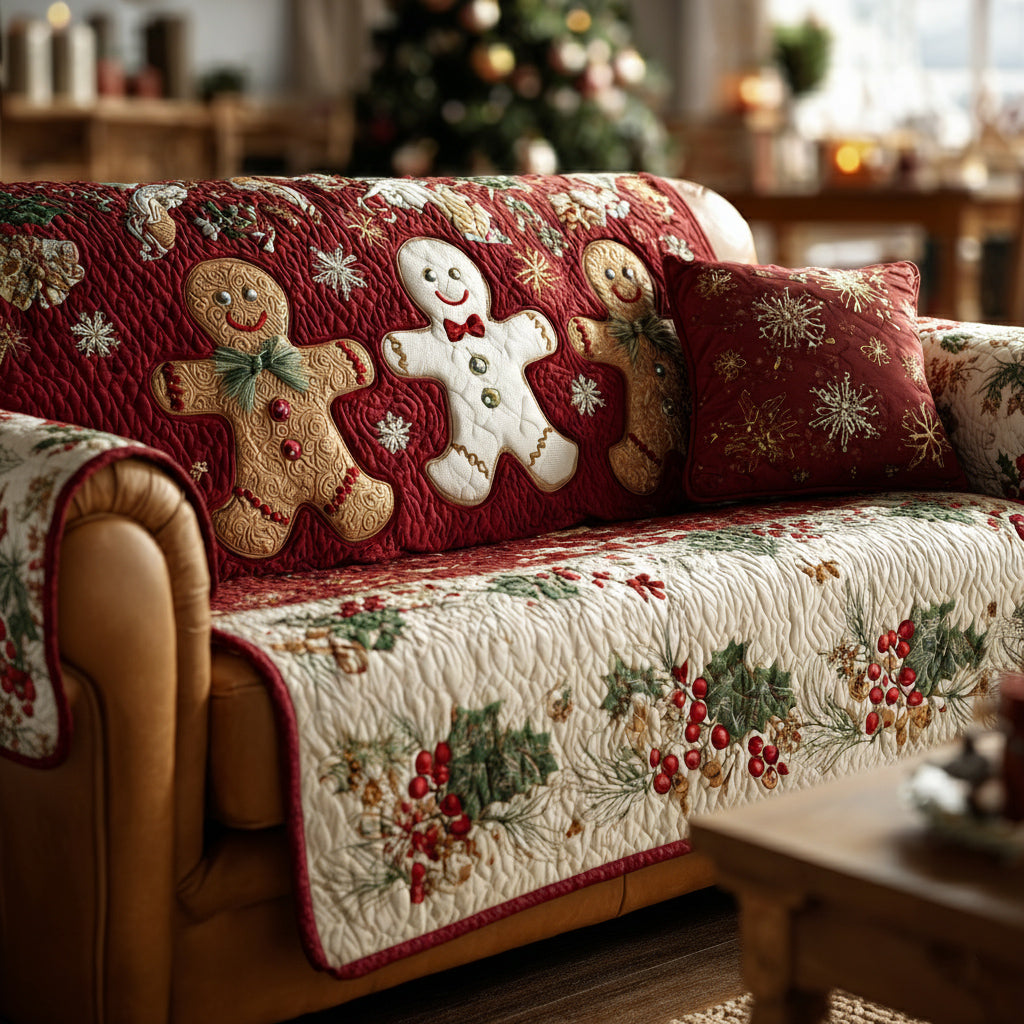 Gingerbread and Holly quilted sofa cover – gingerbread figures with holly