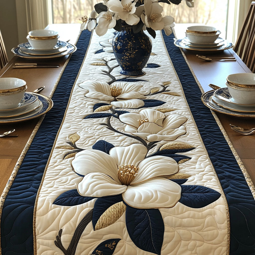 Navy Magnolia quilted table runner – white magnolias framed in navy