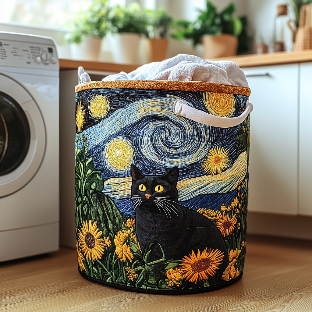 Quilted laundry basket with a Clever Cat design of one sitting cat with a curled tail and half-closed eyes, with wave stitching and carry handles