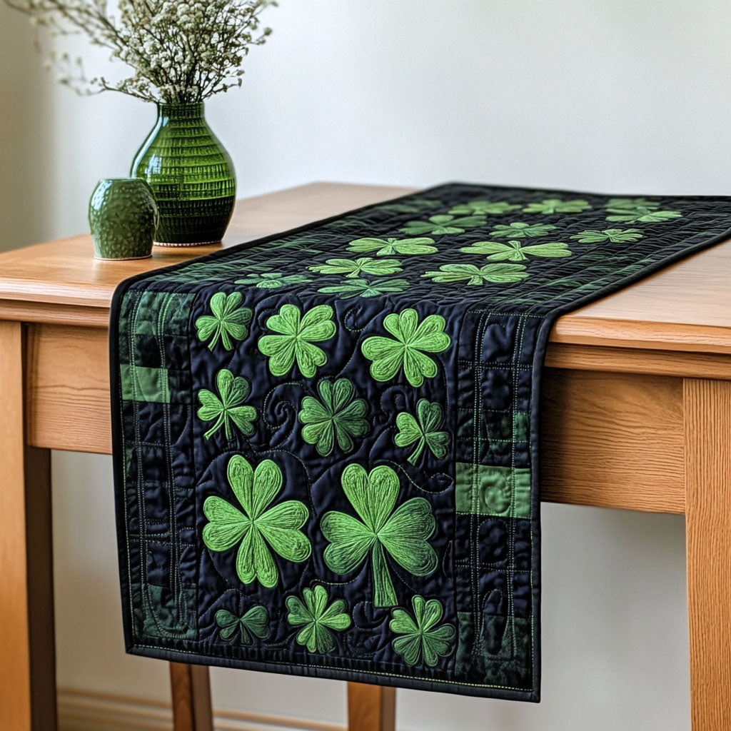Shamrocks on Black quilted table runner – green shamrocks on black