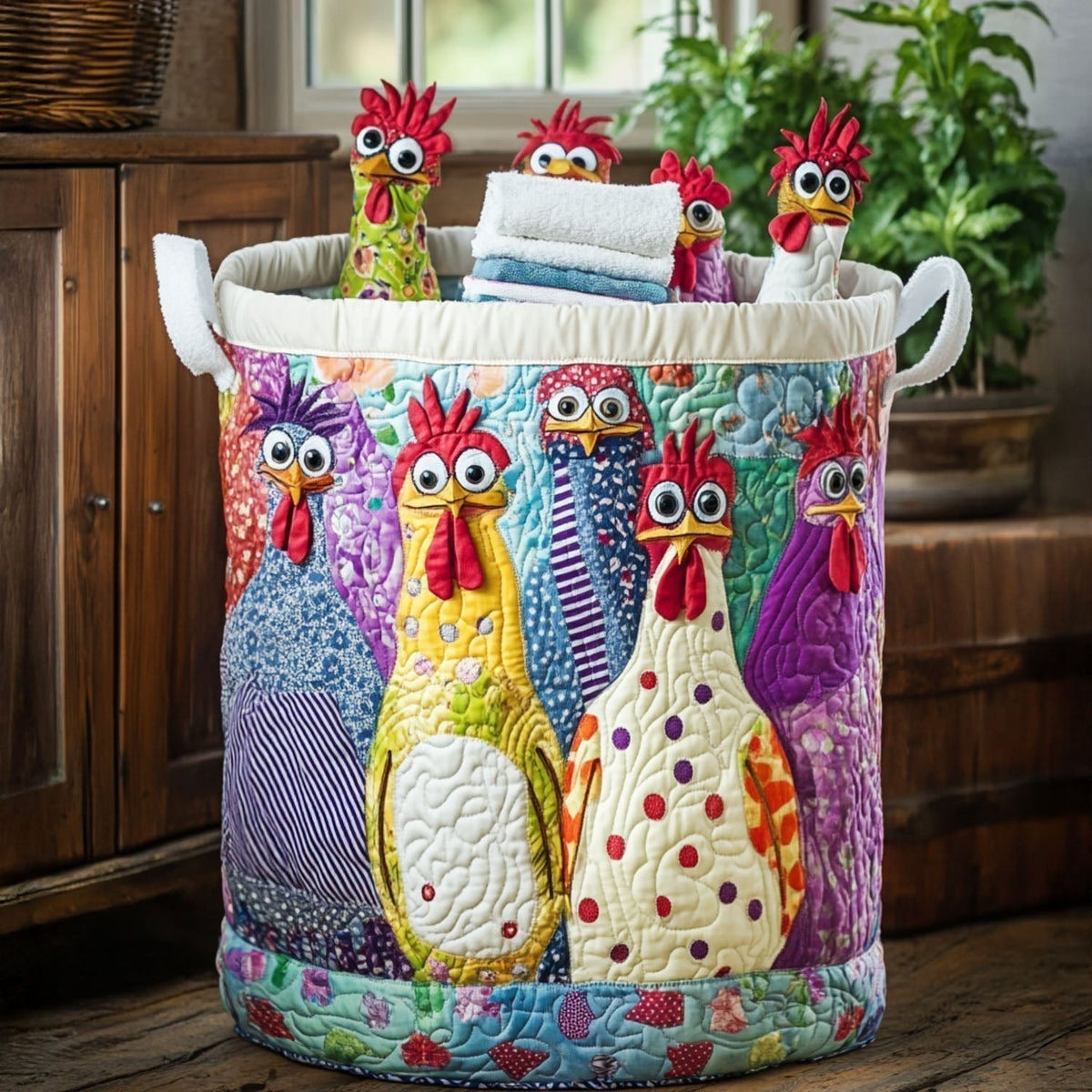 Quilted laundry basket with a row of colourful folk-art hens