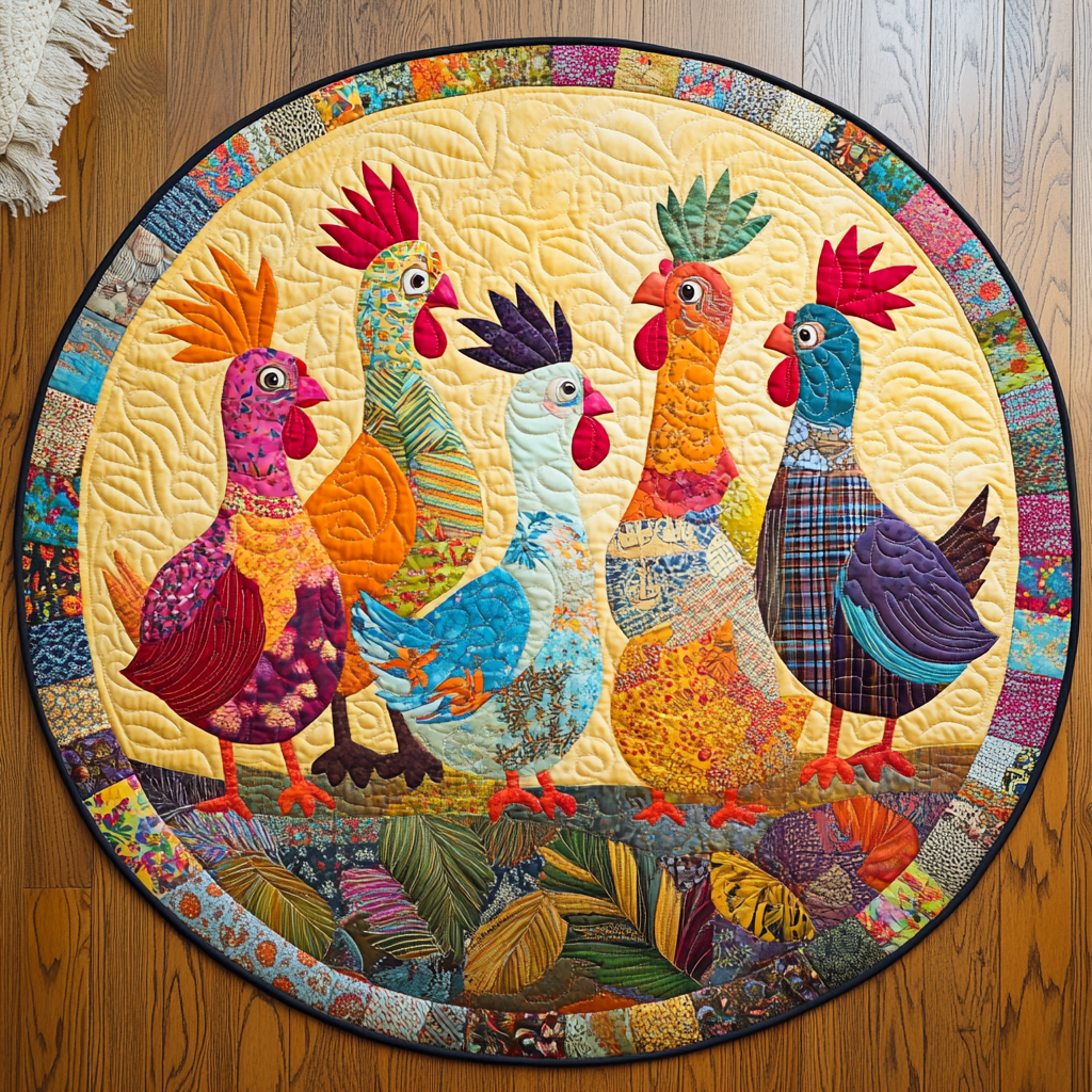 Cosy Cluckin' round quilted mat – patchwork hens