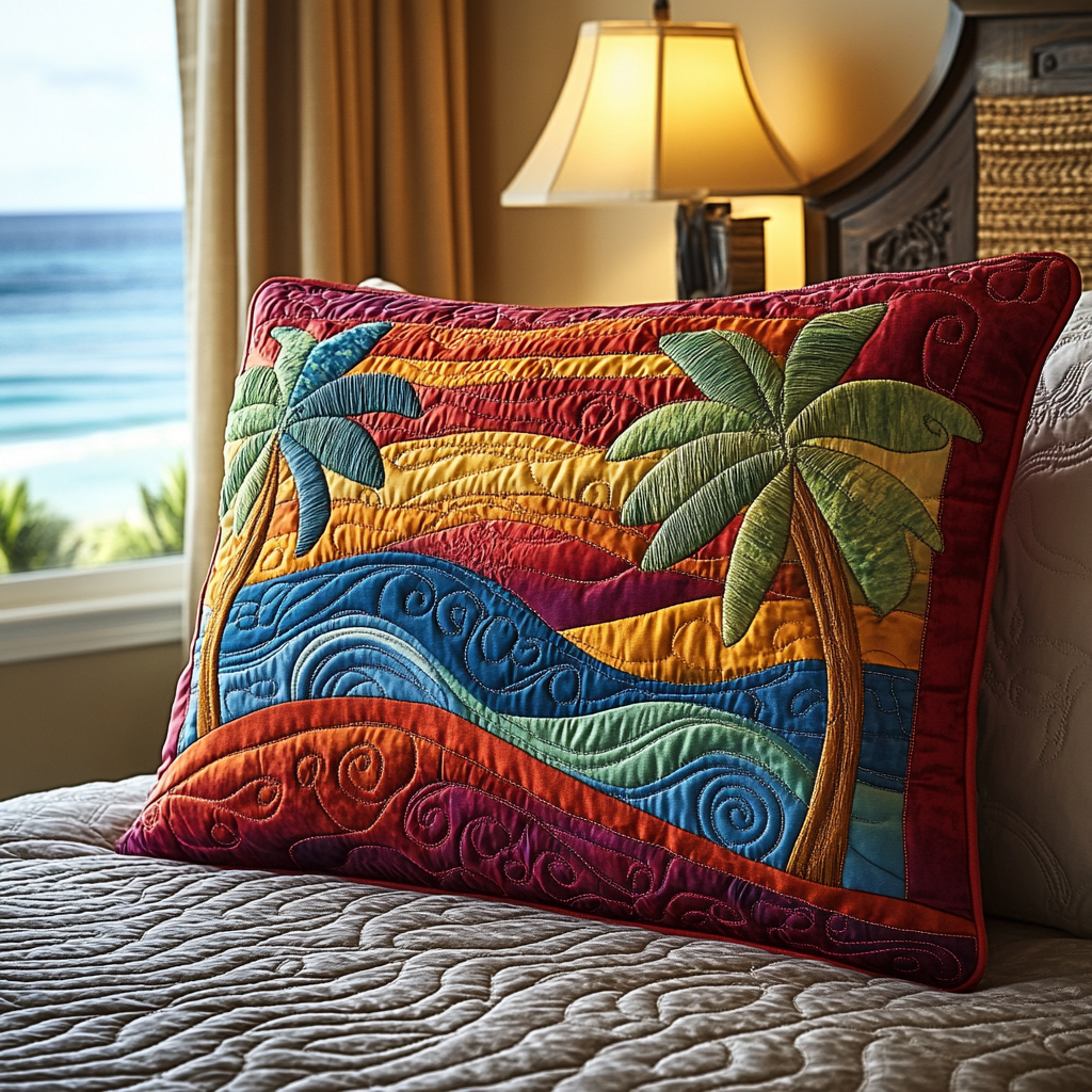Palm Waves quilted pillowcase – palms over rolling coloured waves