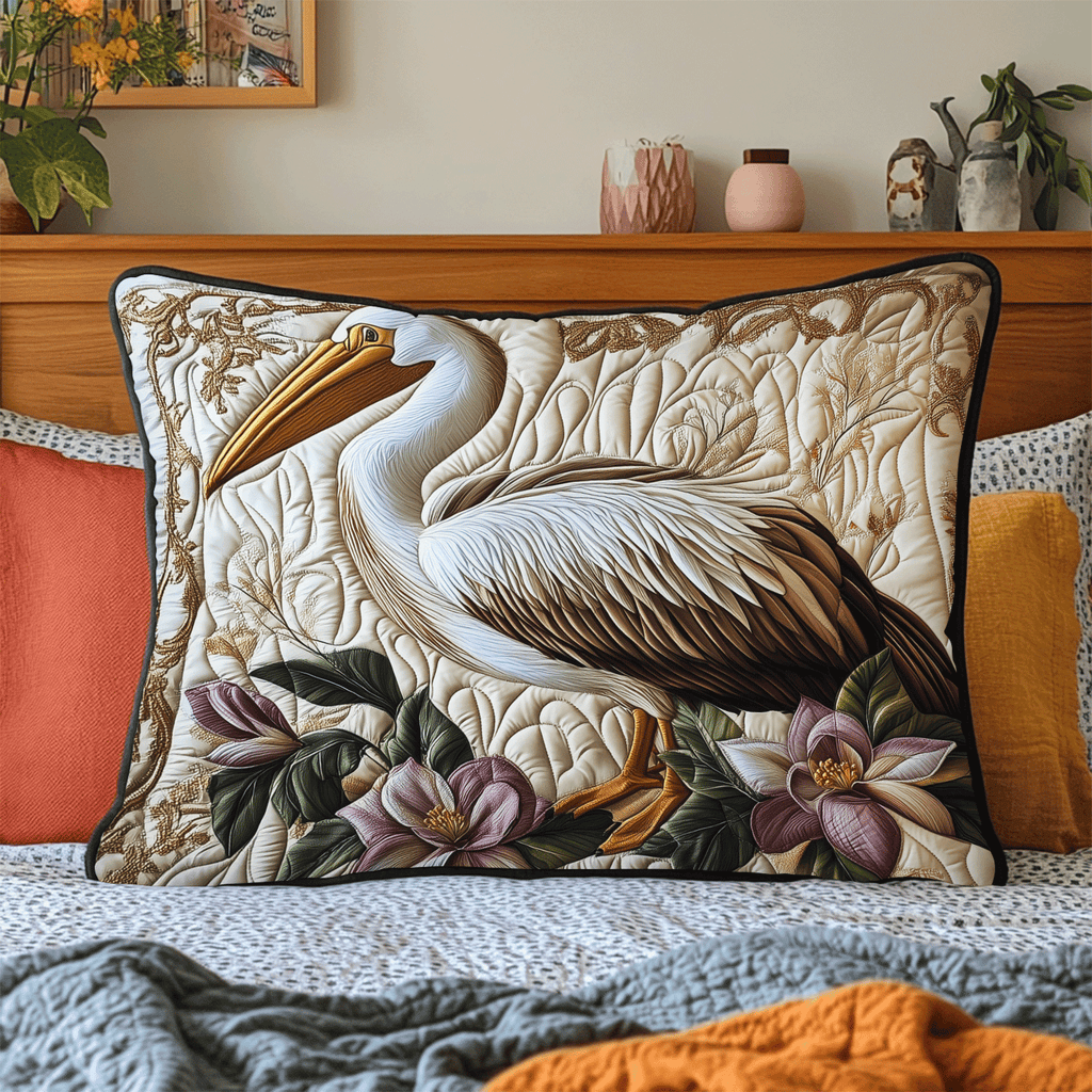 Pelican and Hibiscus quilted pillowcase – pelican among purple hibiscus on cream