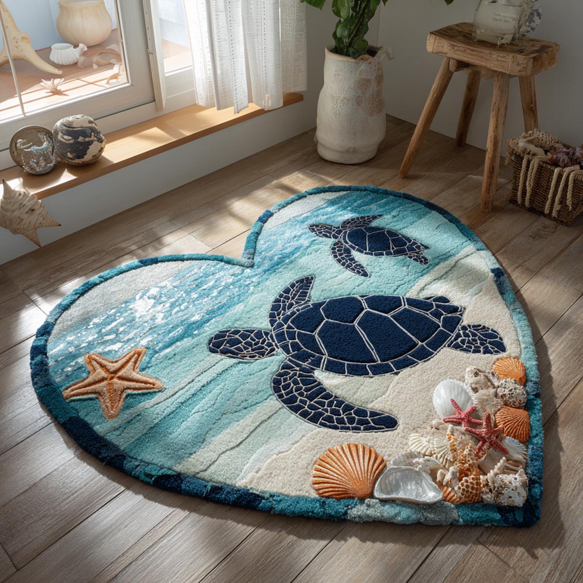 Coastal Heart shaped rug – heart with turtles