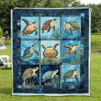 Sea Turtle Squares quilted throw – sea turtles in blue patchwork squares