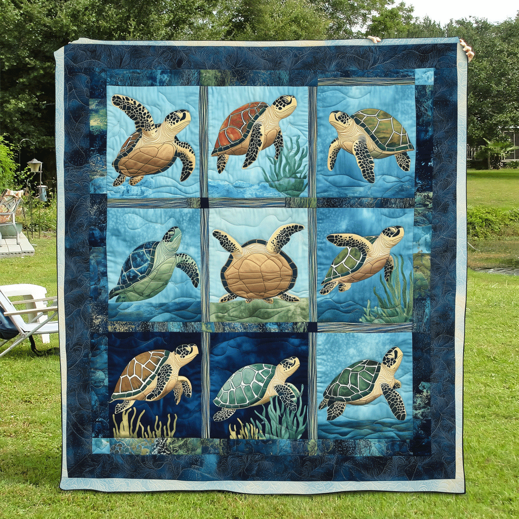 Sea Turtle Squares quilted throw – sea turtles in blue patchwork squares