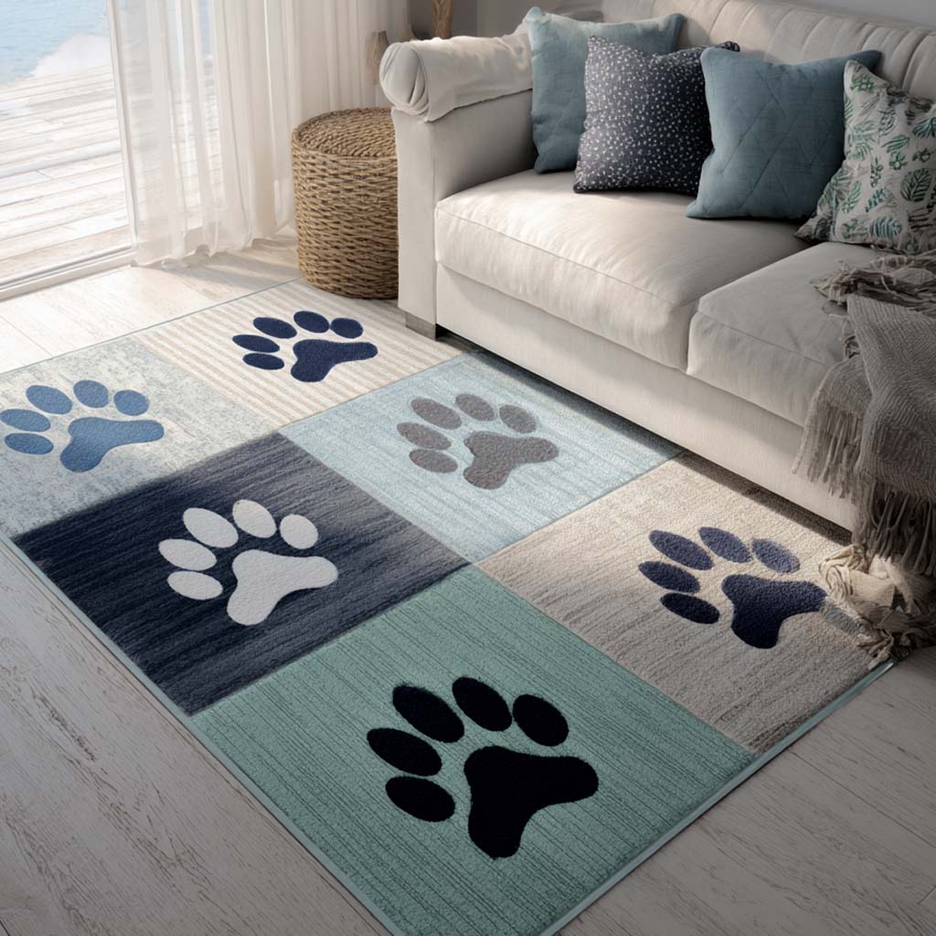 Coastal Blue Paw rug – paw prints on blue