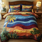 Rolling Waves quilted bedspread set – wavy bands of blue, orange and red