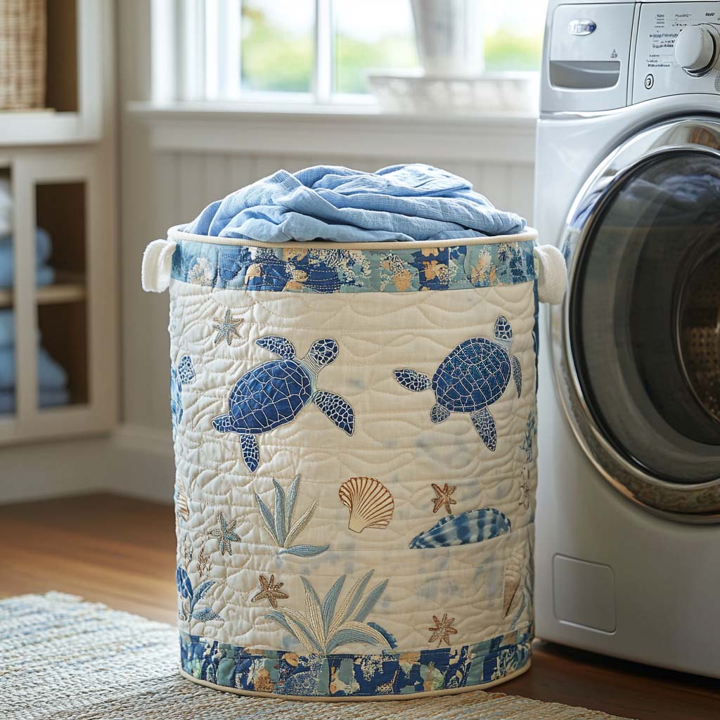 Quilted laundry basket with a Coastal Turtle design of a sea turtle swimming through soft blue and green water with bubbles and fronds, with wave stitching and carry handles