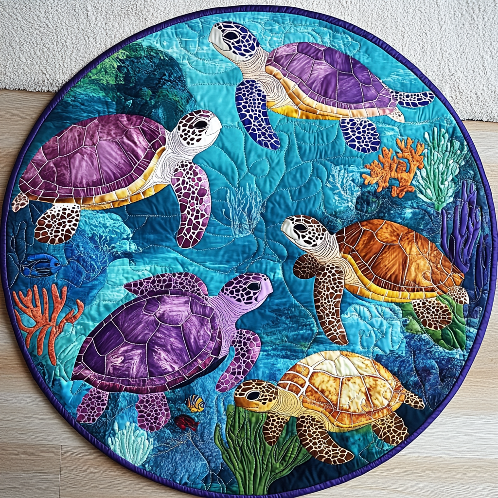 Purple Reef Turtles round quilted mat – purple turtles