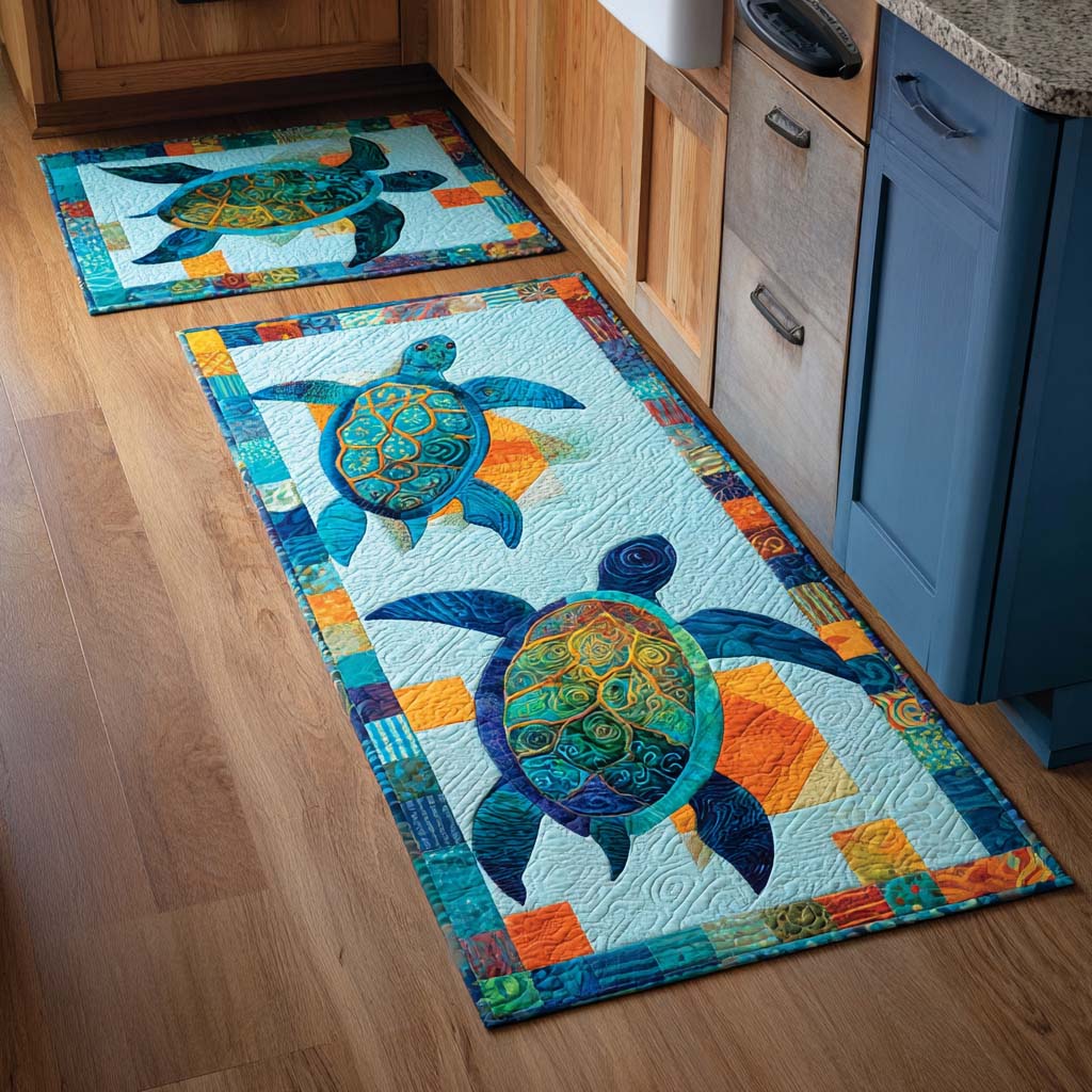 Patchwork Sea Turtles kitchen mat set – turtles with patchwork edge