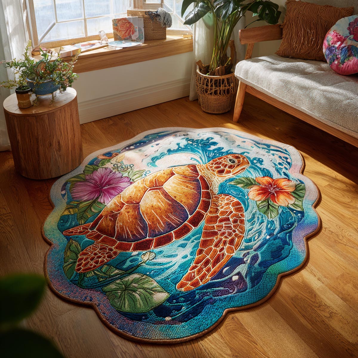 Coastal Dreamscape shaped rug – turtle and hibiscus