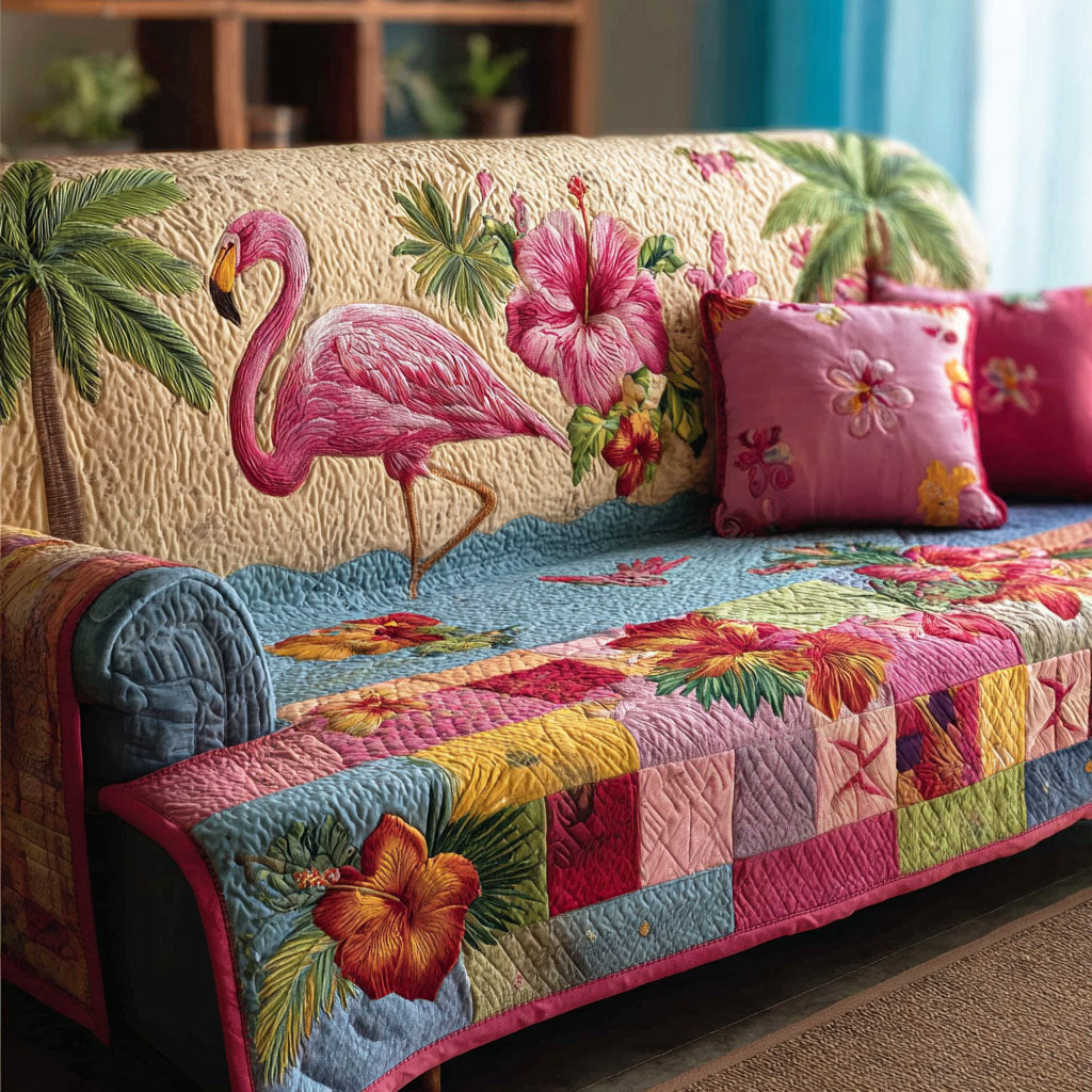 Flamingo Paradise quilted sofa cover – flamingo with palms and hibiscus
