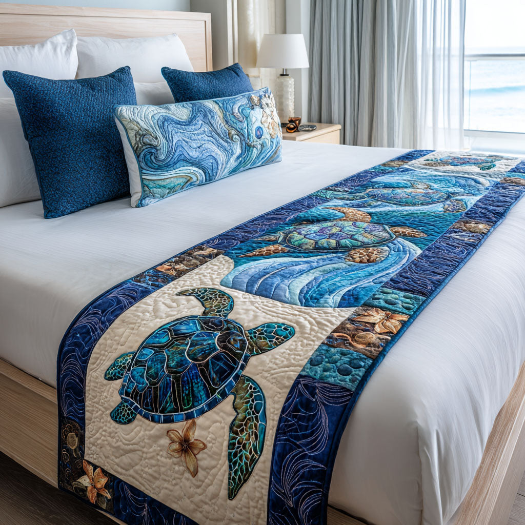 Sea Turtle Waves quilted bed runner – sea turtle in blue waves