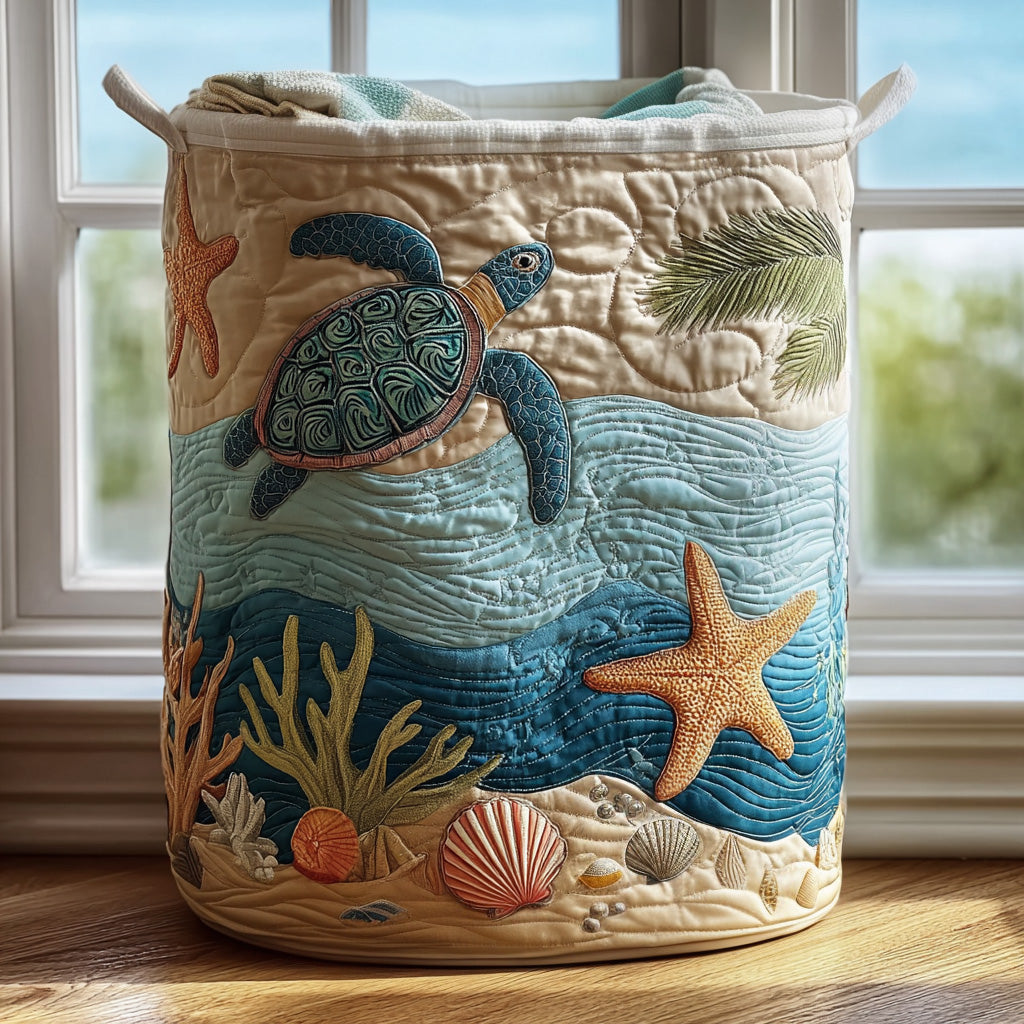 Quilted laundry basket with a sea turtle and orange starfish in turquoise water
