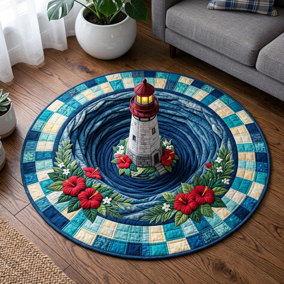 Coastal Lighthouse Swirl round quilted mat – lighthouse in swirl
