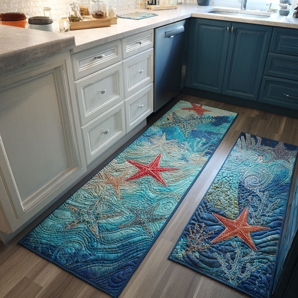Coastal Starfish kitchen mat set – starfish in teal waves