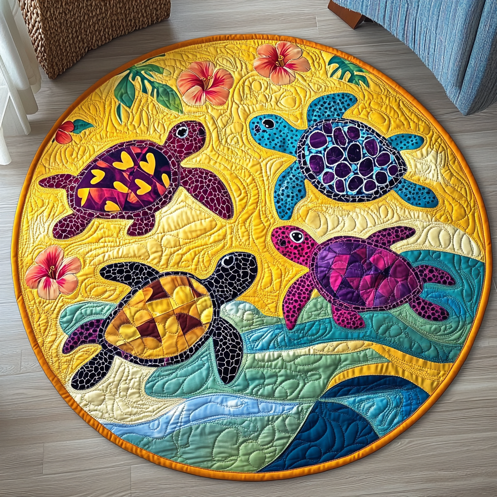 Sunny Turtle Bay round quilted mat – turtles on yellow