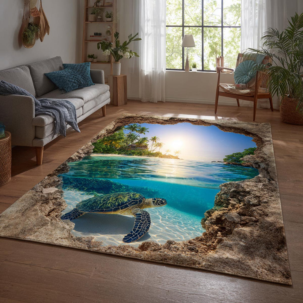 Lagoon Sunrise Turtle rug – turtle in a 3D lagoon
