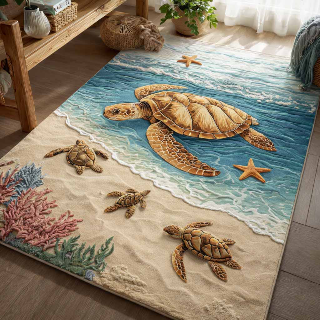 Sandy Turtle Family rug – turtle and hatchlings