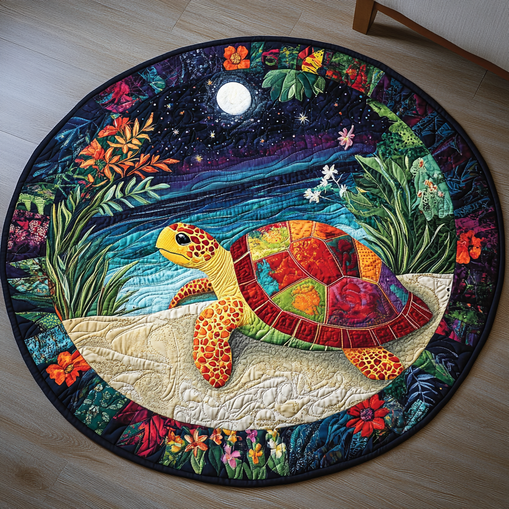 Moonlit Turtle Drift round quilted mat – turtle by moonlight