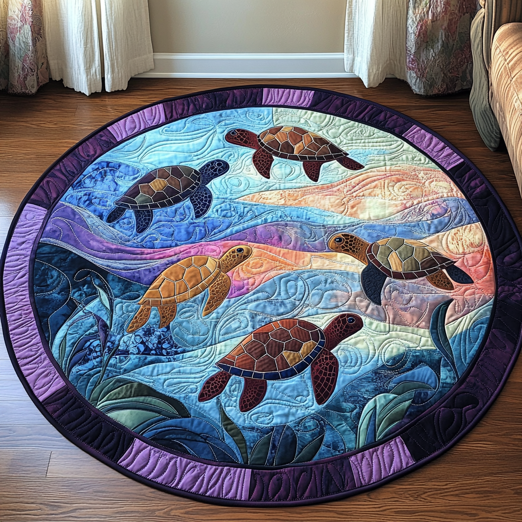 Coastal Turtle Dusk round quilted mat – turtles at dusk