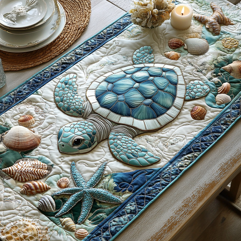 Sea Turtle Shells quilted table runner – sea turtle among shells
