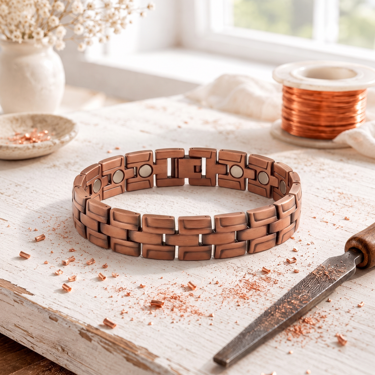 Men's magnetic copper link bracelet with smooth links