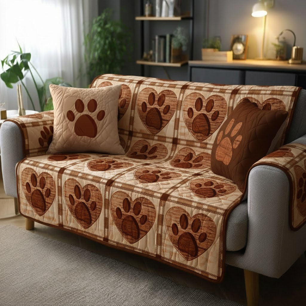 Cocoa Paw Squares quilted sofa cover – paw prints in cocoa patchwork