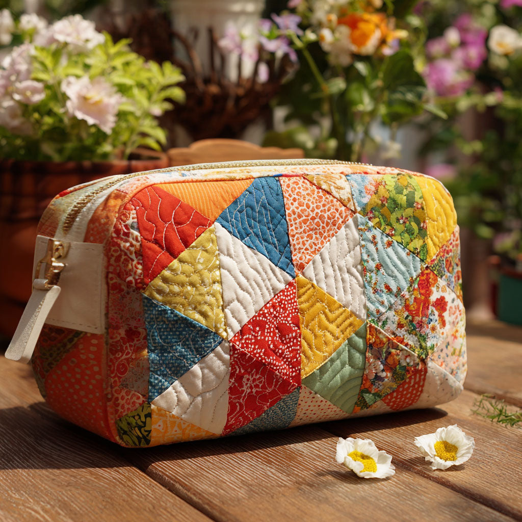 Quilted make-up bag with the Colour Groove design of curving seventies colour bands in tangerine, olive, teal and cream with daisy heads