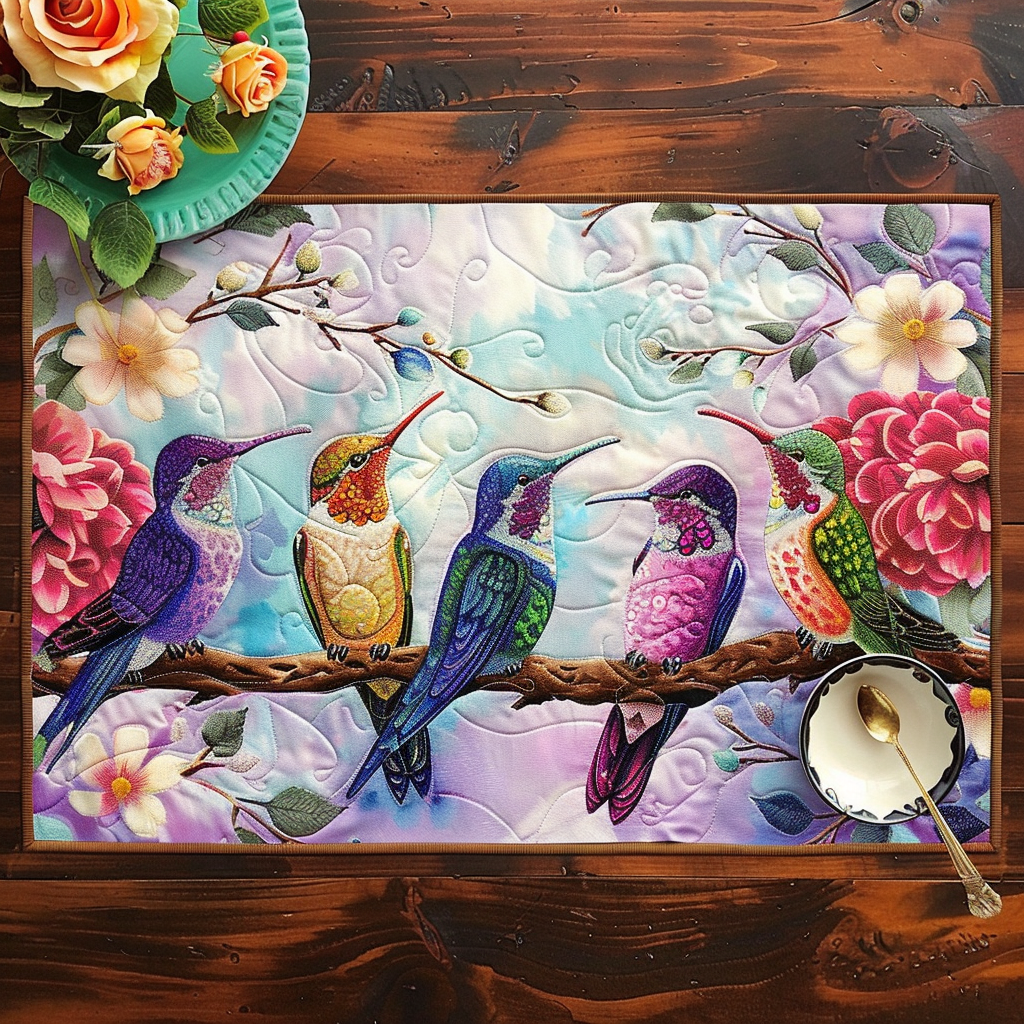 Hummingbird Gathering quilted placemats – hummingbirds on a branch