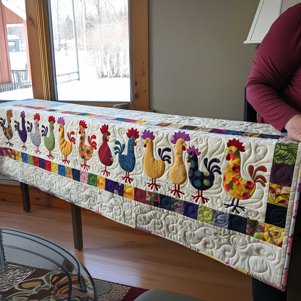 Rooster Patchwork quilted table runner – roosters above bright squares