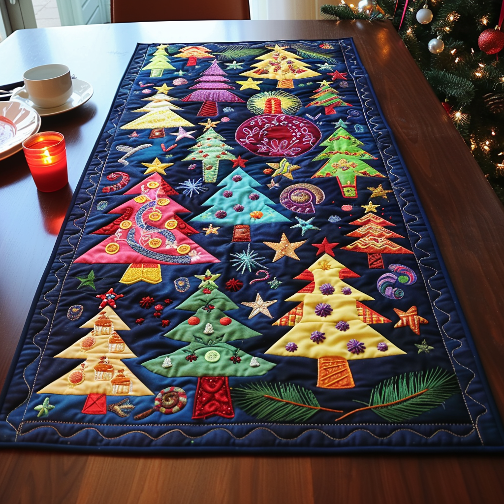 Rainbow Christmas Trees quilted table runner – colourful trees on navy