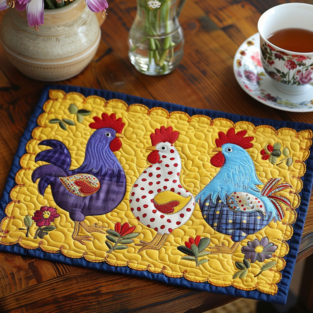 Colourful Cluck quilted placemats – colourful chickens