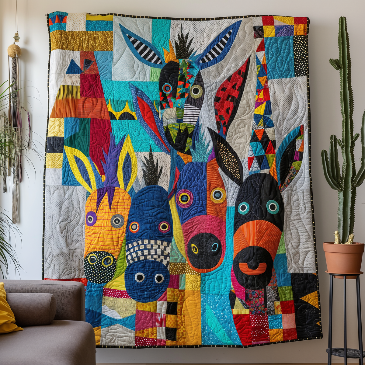 Patchwork Donkeys quilted throw – donkeys in bright patchwork