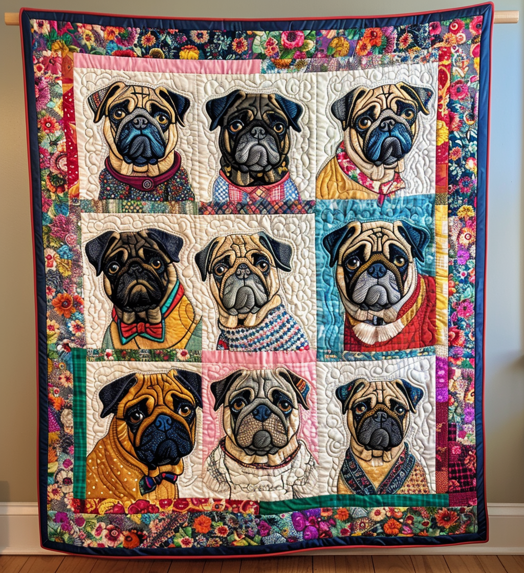 Pug Squares quilted throw – fawn and black Pugs in cream squares