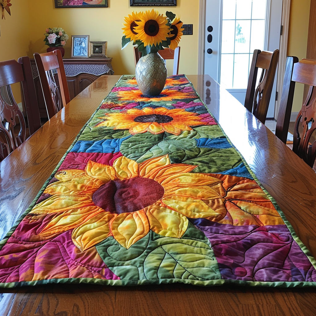 Big Bright Sunflower quilted table runner – giant sunflower with bright petals
