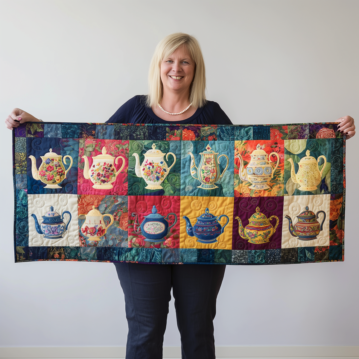 Teapot Patchwork quilted table runner – teapots in bright squares